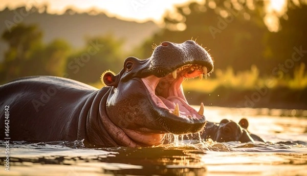 Fototapeta A hippopotamus with its mouth open, partially submerged in golden-lit water at sunset