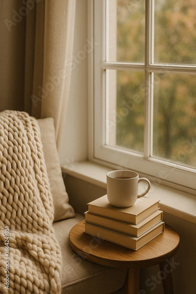 Fototapeta A cozy corner with a mug on books next to a window and a chunky knit blanket on a sofa seat on transparent background