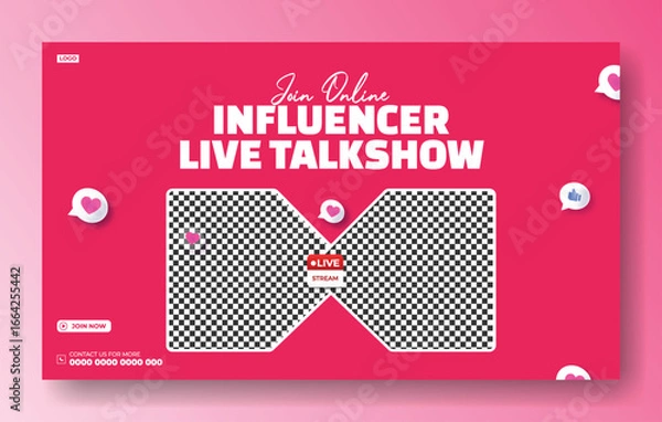 Fototapeta Online Influencer Live Talkshow Promotion with Two Speakers on a Pink Background