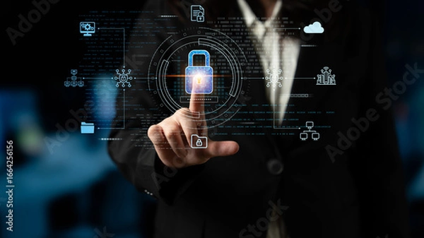 Fototapeta Cyber security protects against breaches, hacks, and network attacks using strong infrastructure and proactive digital defense strategies. Latch