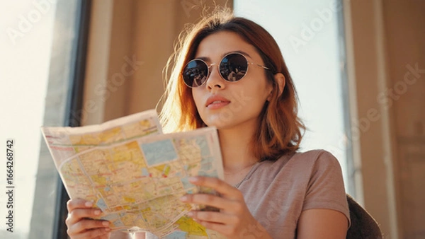 Fototapeta Woman with a Map: A young woman in sunglasses, lost in thought as she studies a detailed map. Capturing the spirit of adventure and exploration, travel and a journey.