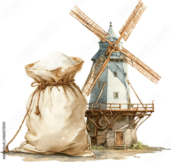 Fototapeta Nostalgic watercolor illustration of rustic windmill and flour sack