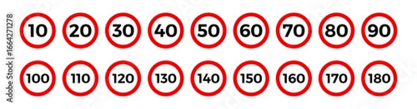 Obraz Traffic Speed Limit Road Sign Set 10 180 km Vector