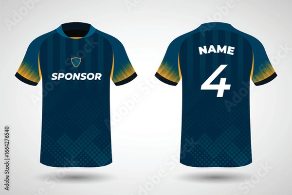 Obraz Sports jersey t shirt design flat sketch illustration, Stripe abstract printed Round neck football jersey concept with front and back view for Cricket, soccer, Volleyball and badminton uniform kit