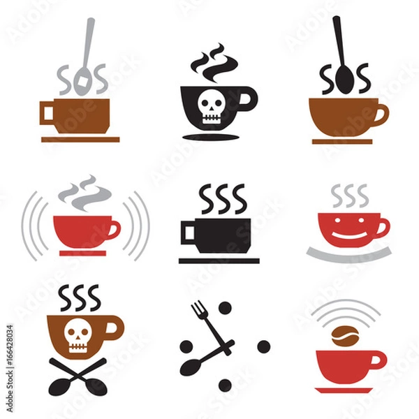 Fototapeta Hot Coffee funny icons.
Set of hot coffee cups funny symbols. Isolated on white background. Vector available.