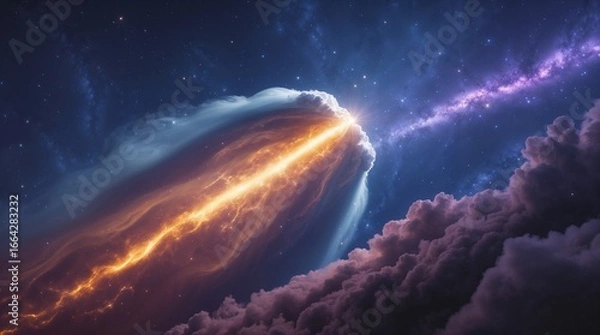 Fototapeta Beam of Cosmic Light Piercing Through Galactic Clouds into Starry Sky