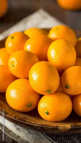 Fototapeta A wooden bowl overflows with bright, shiny, small citrus fruits