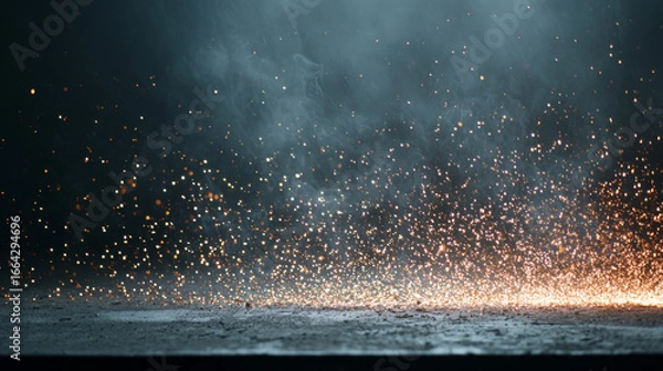 Fototapeta sparks and smoke on an empty concrete floor, set against a dark background. 