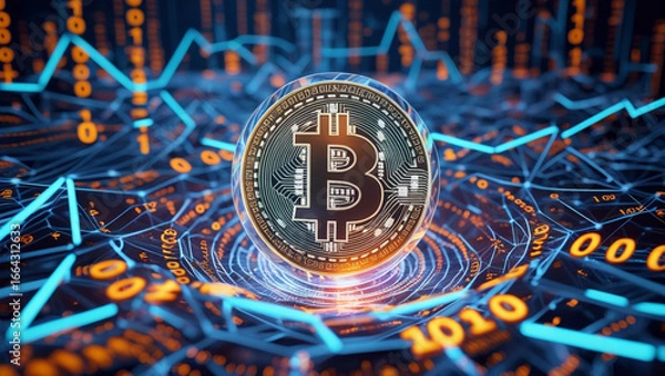 Obraz Futuristic 3D Bitcoin Coin with Binary Code and Digital Financial Network Background