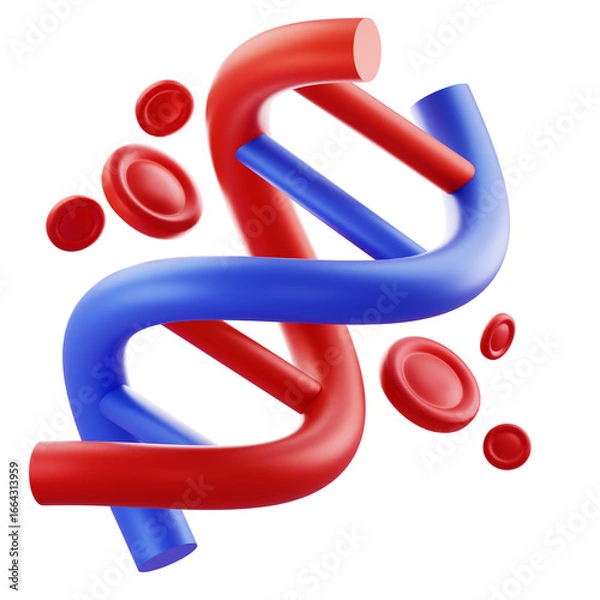 Fototapeta 3D Render Vivid 3D DNA double helix with red blood cell accents, ideal for biotech marketing, science websites, and educational visuals.