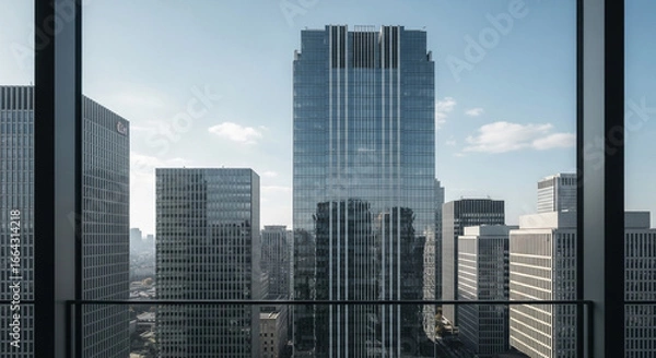 Fototapeta 窓越しに望む近代都市の高層ビル群と青空が織りなす洗練された都市風景