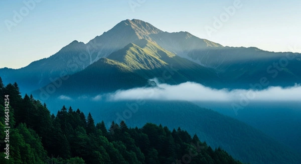 Fototapeta 雲海に浮かぶ山々と深緑の森林が織りなす壮大な自然の山岳風景