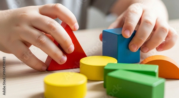Fototapeta カラフルな幾何学形状のブロックで遊ぶ手による創造的な学習と遊びの時間