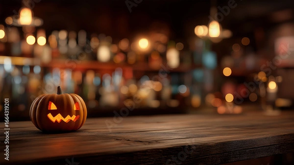 Fototapeta Halloween pumpkin in bar: A carved pumpkin with a menacing grin sits atop a rustic bar, its glowing face casting eerie shadows amidst the dim, ambient light of a bar setting.