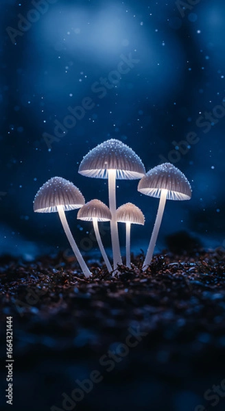 Fototapeta Glowing mushrooms illuminated by ethereal moonlight against a starry night sky