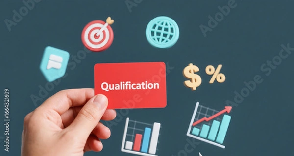 Obraz Close-up of a hand holding a red card with the word "Qualification" surrounded by 3D business icons such as target, globe, dollar sign, percentage, and growth chart.
