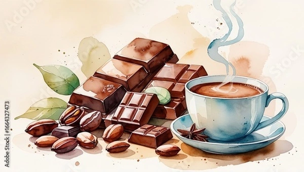 Fototapeta Elegant hand-drawn watercolor art depicting cocoa beans and hot chocolate cup in soft pastel tones with an artistic, minimalistic bohemian aesthetic.