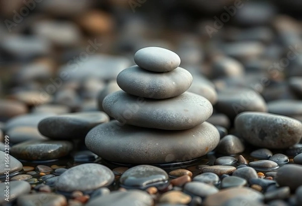 Fototapeta A carefully balanced stack of smooth grey river stones,  texture,  geology