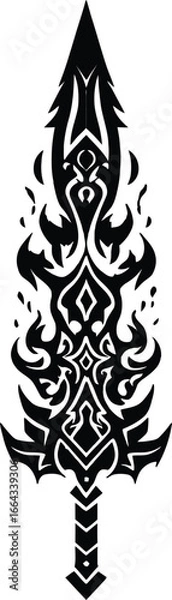Obraz Stylized Symmetrical Tribal Sword Design with Flame-Like and Geometric Patterns Forming Blade, Guard, and Hilt for Tattoo, Fantasy, or Graphic Art Use