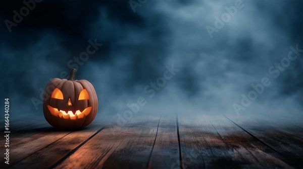 Fototapeta Spooky Glowing Jack-o'-Lantern: A carved jack-o'-lantern with an eerie, flickering glow sits on a rustic wooden surface, set against a dark and foggy night sky.