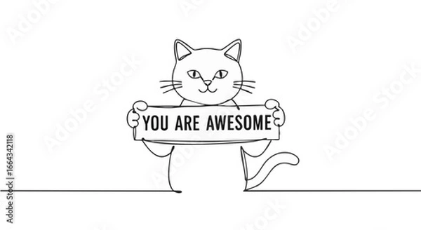 Fototapeta A delightful cat holding a sign with the words YOU ARE AWESOME. 