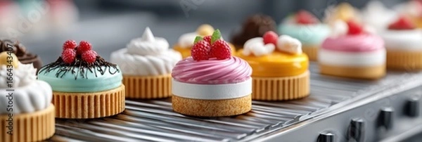 Fototapeta Deliciously crafted miniature desserts displayed in a pastry shop during daytime hours