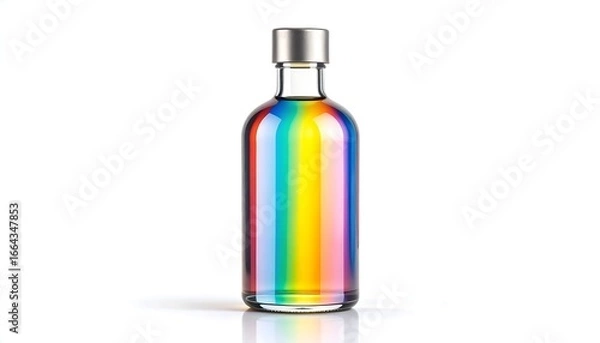 Fototapeta A clear glass bottle, cylindrical in shape, filled with a rainbow of iridescent colors.  A metallic silver cap tops the bottle.  It stands on a plain white background, with a reflection beneath