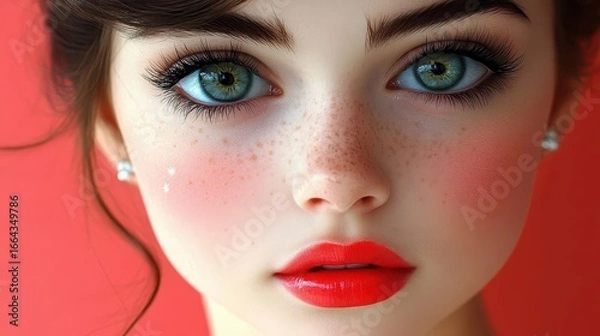 Obraz Closeup Portrait: Freckles, Green Eyes, Red Lips