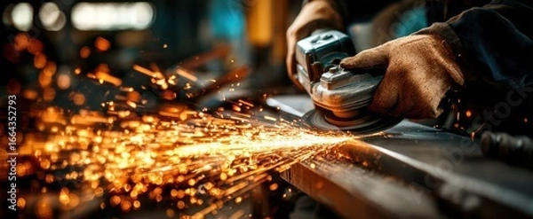 Fototapeta The Worker Using an Angle Grinder Producing Bright Sparks While Grinding Steel in Workshop