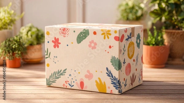 Fototapeta Vibrant cardboard box with colorful floral patterns, set on a wooden table in a cozy outdoor garden. Perfect for packaging or decorative purposes.