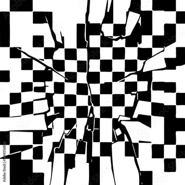 Fototapeta Black and white broken checkerboard, fragmented geometric distortion, SVG abstract background
