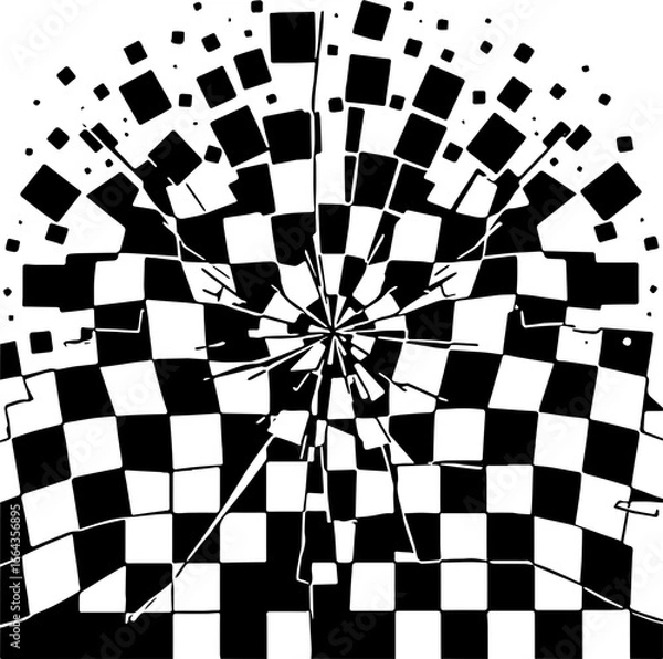 Fototapeta Black and white broken checkerboard, fragmented geometric distortion, SVG abstract background