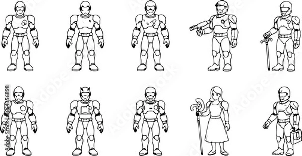 Fototapeta A collection of ten futuristic figures including armored guards and a woman with a cane in black and white