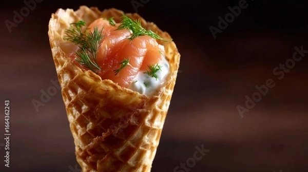 Fototapeta A delicious food creation featuring smoked salmon in a crispy waffle cone. This unique dish combines flavors and textures in a fresh way. Perfect for gourmet catering. AI
