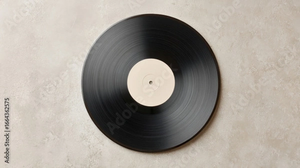 Fototapeta Minimalist product photography featuring a vintage vinyl record against a plain white background, illuminated by soft studio lighting.