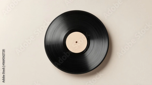 Fototapeta Minimalist product photography featuring a vintage vinyl record against a plain white background, illuminated by soft studio lighting.