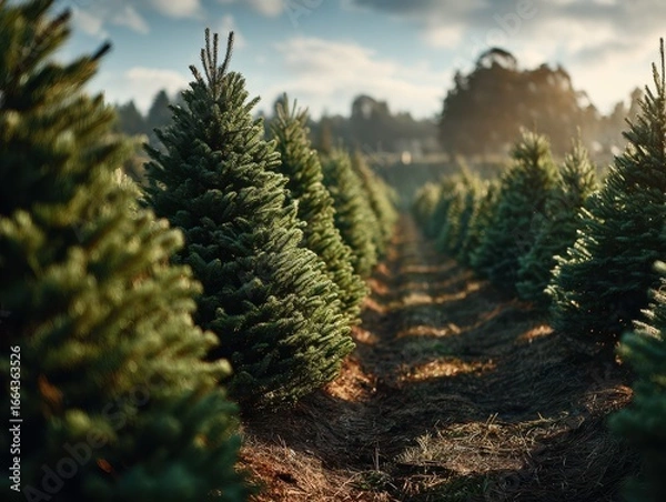 Fototapeta Rows of evergreen trees in a Christmas tree farm during golden hour near a serene landscape just before winter celebrations