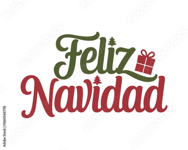 Fototapeta Feliz navidad festive text with christmas tree and gift box decorations