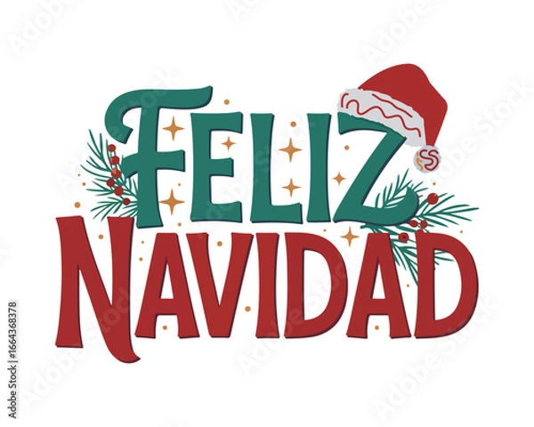 Fototapeta Feliz navidad text design with christmas decorations on white background