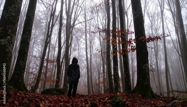 Fototapeta A solitary figure stands amidst a misty autumn forest, observing the towering trees and the falling leaves.