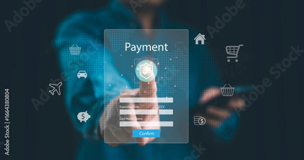 Obraz Man making secure online payment with credit card form interface and protection shield icon, fintech concept for digital banking, e-commerce, financial transaction, and cashless economy.