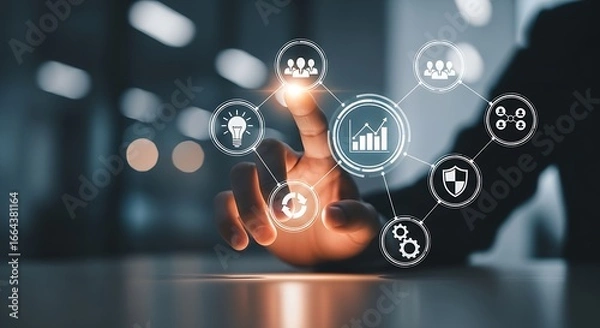 Fototapeta Hand interacting with digital icons representing business management and technology solutions online interface