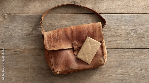 Fototapeta Vintage leather bag with an envelope on a wooden background, showcasing classic charm and elegance. 