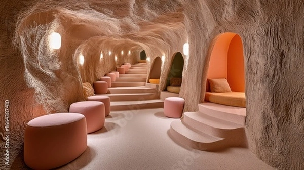 Fototapeta Unique Pink and Orange Cave Interior Design with Soft Lighting and Plush Seating