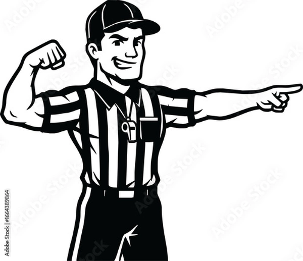 Fototapeta A strong cartoon referee mascot in a striped uniform flexing his bicep and pointing confidently.