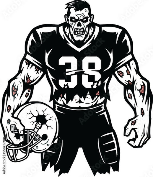 Fototapeta A monstrous zombie football player, wearing a jersey with the number 38, holding a cracked helmet.