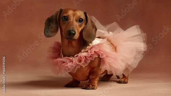Obraz Dachshund wearing tutu at dog show competition, full-length realistic photograph, humorous pet costume contest with professional atmosphereDachshund wearing tutu at dog show competition, full-length r