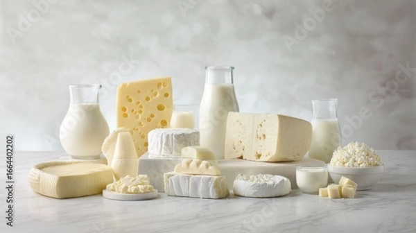 Obraz Assorted dairy products arranged on a marble surface, highlighted by cool overhead lighting.