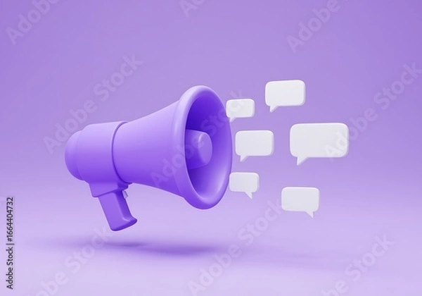 Fototapeta Purple Megaphone with Speech Bubbles Announcing Marketing Campaign and Social Media Engagement for Digital Advertising and Public Relations