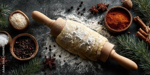 Obraz Baking ingredients arranged with a rolling pin on a dark kitchen countertop during winter preparations